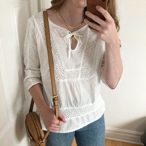 Prana Organic Cotton White Lace Tie Peasant Blouse